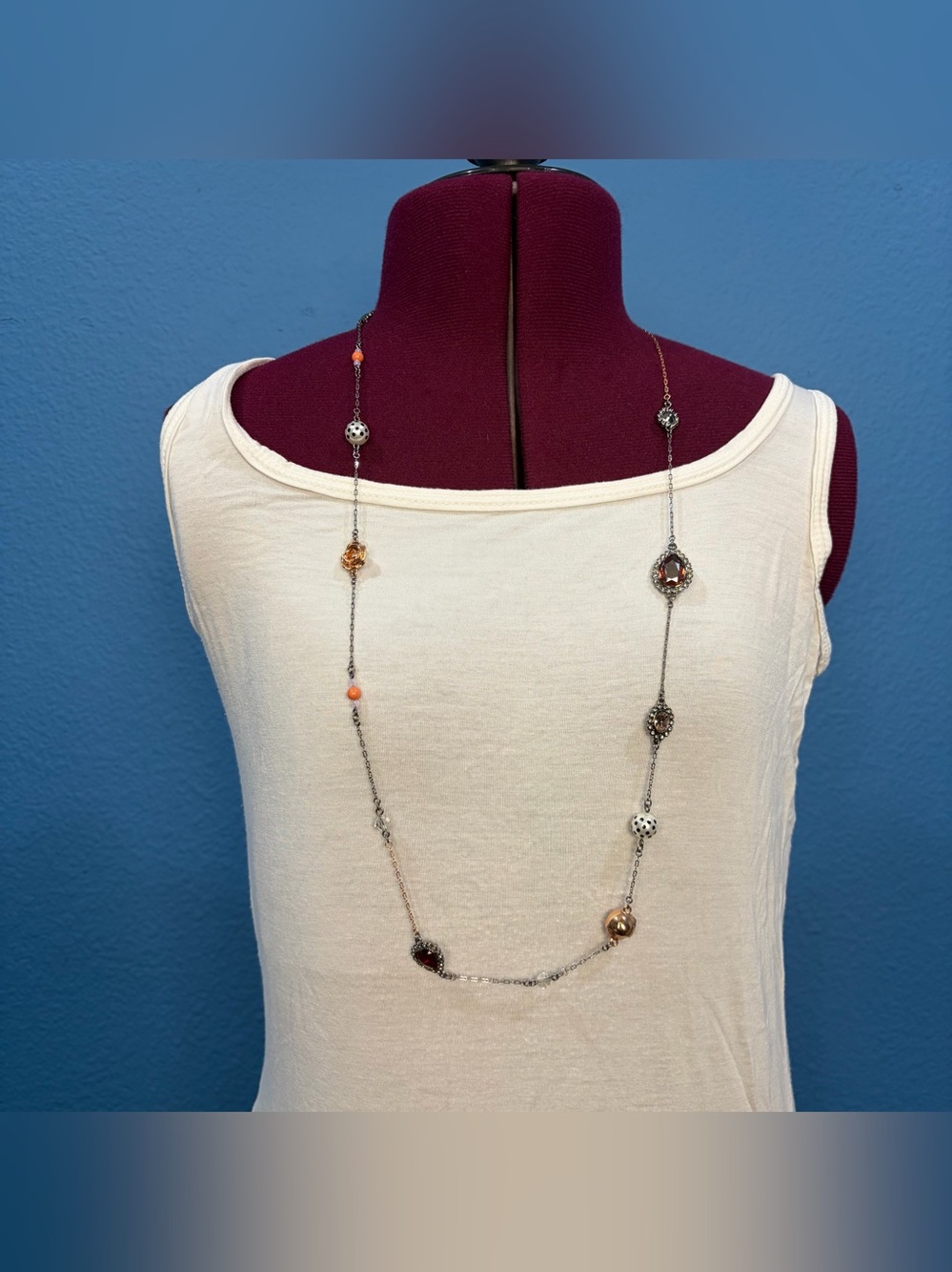 Vintage Swarovski Swan Mixed Metal Eclectic Charm Style Long Station Necklace